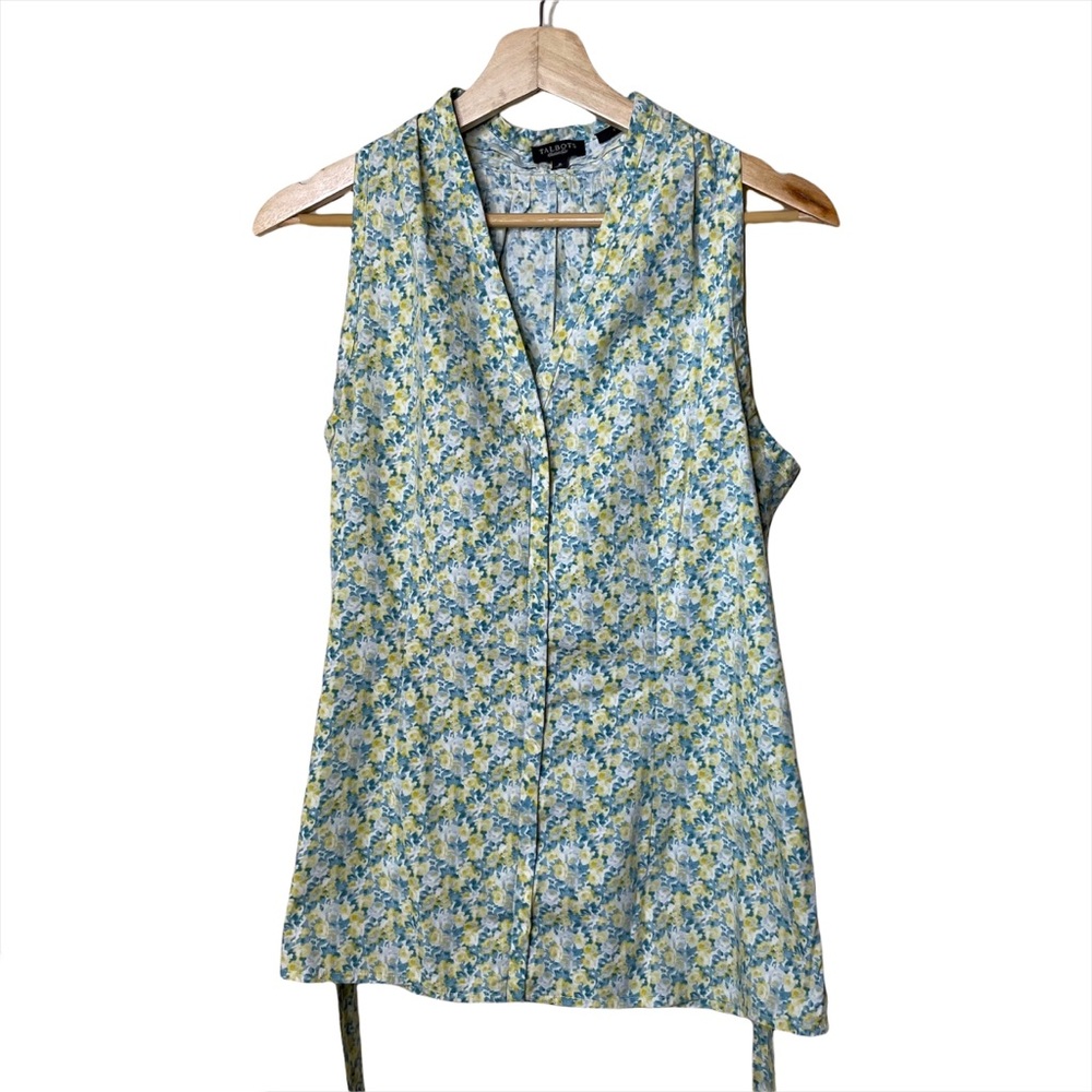 Talbots Stretch Yellow Green Floral Tie Waist Sleeveless Top